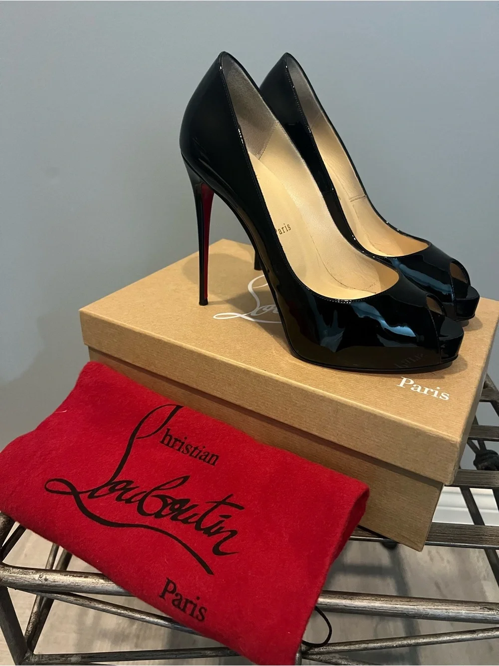 Christian Louboutin Black Patent Peep-Toe Pumps with Red Soles